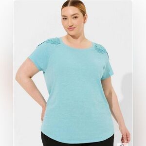 Torrid Cotton Modal Lace Back Crew Neck Short Sleeve Blue Raglan Top Sz 6X NWT